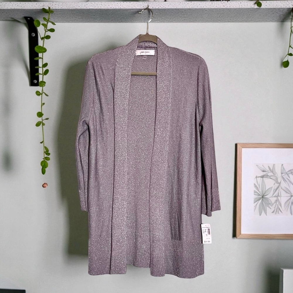 Jones Studio Metallic Open Cardigan NWT Gray Silver Shimmer. Work to evening.